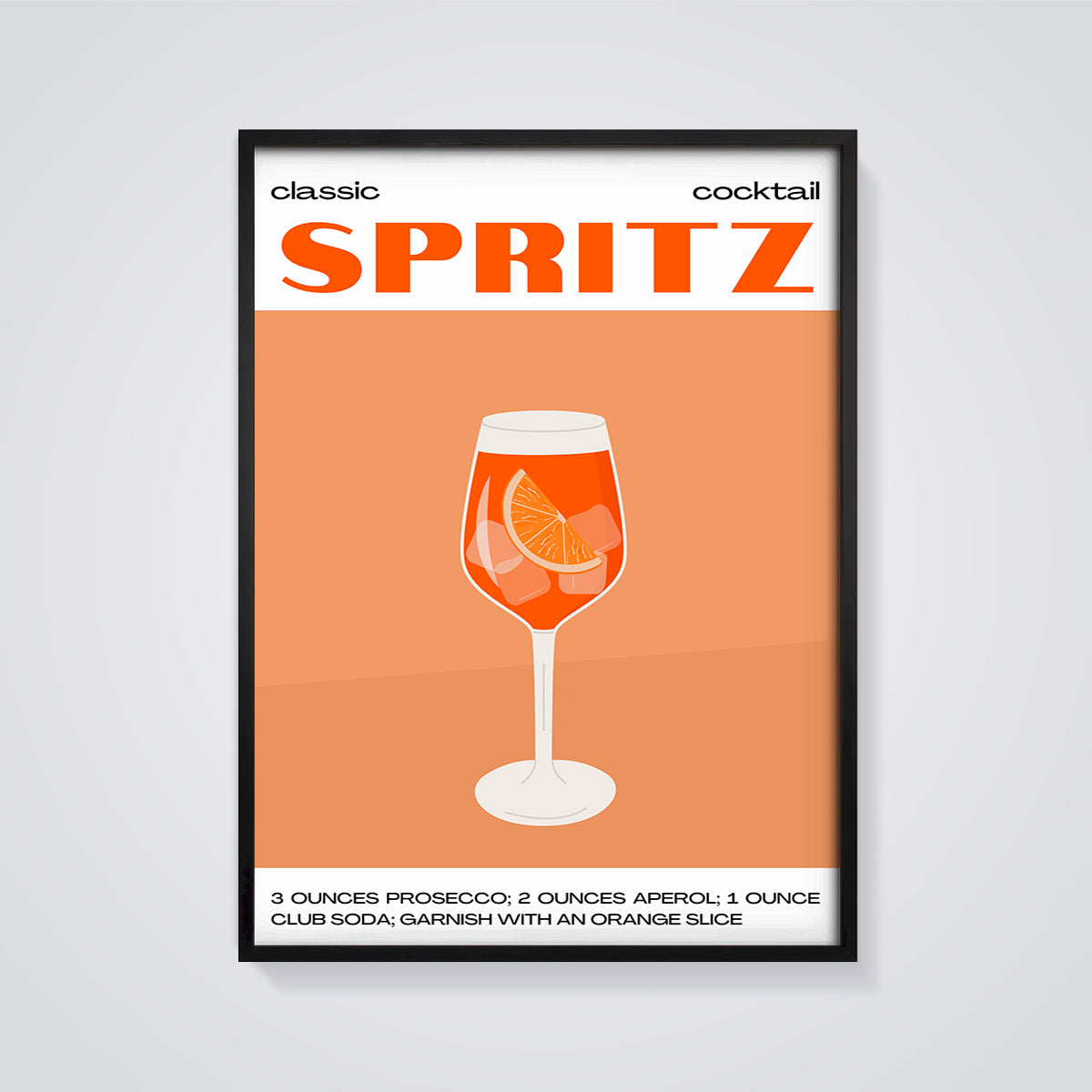 Classic Spritz Cocktail Print framed in black on a grey background