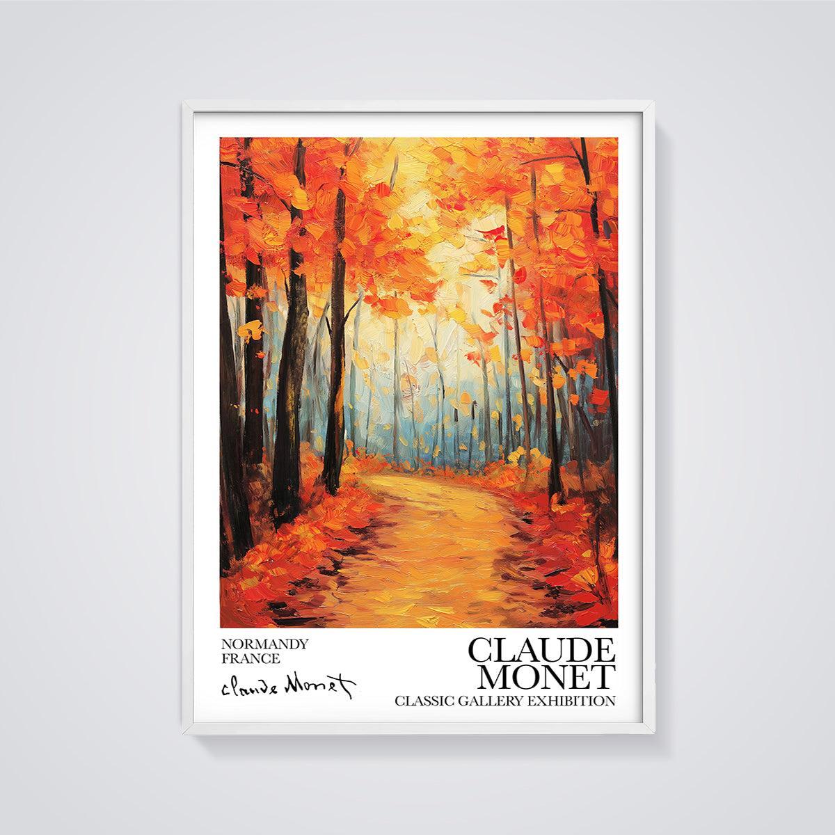 Claude Monet Autumn Forest Path Print framed in white on a grey background