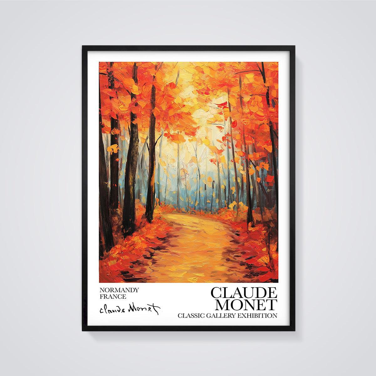 Claude Monet Autumn Forest Path Print framed in black on a grey background