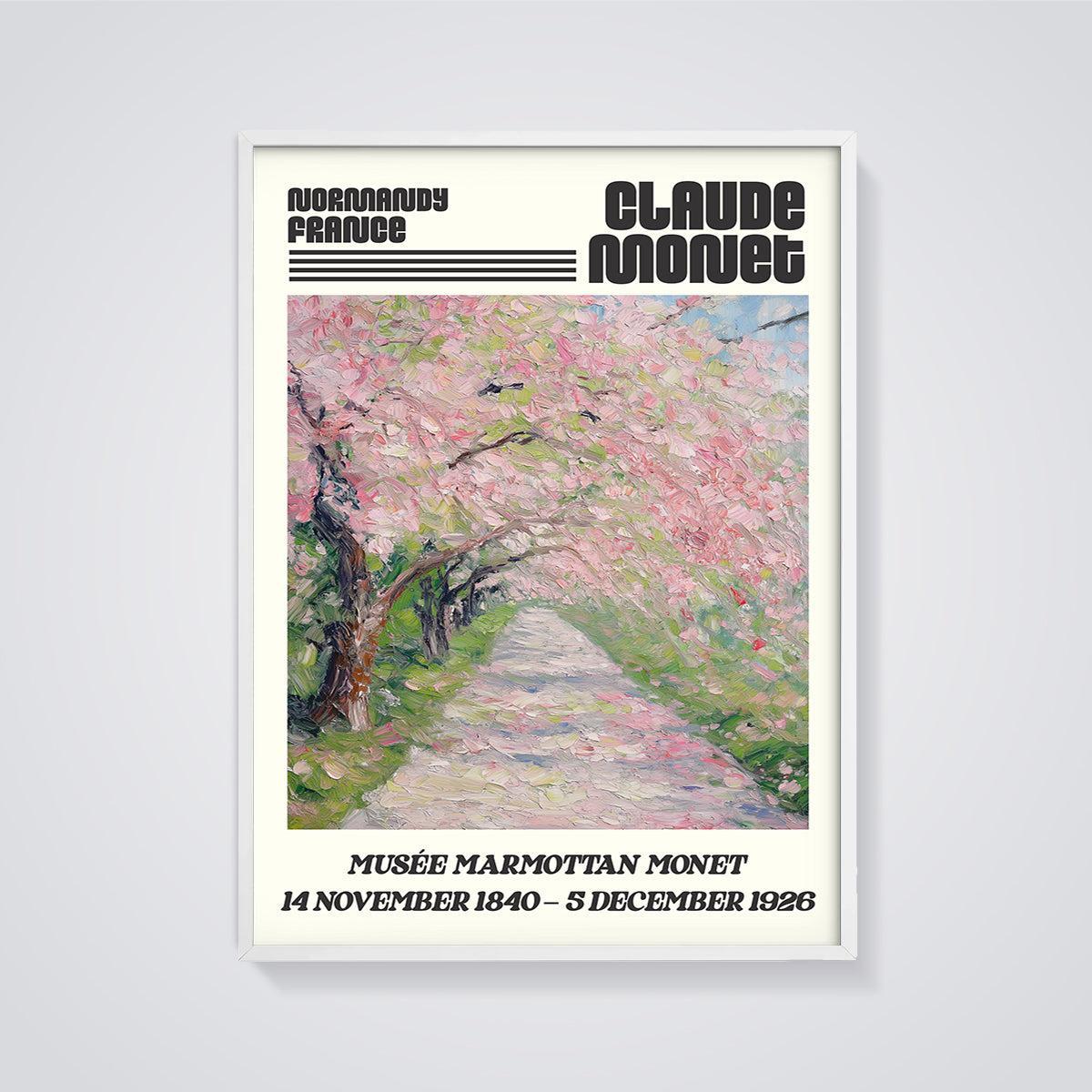 Claude Monet Blossom Path Print framed in white on a grey background