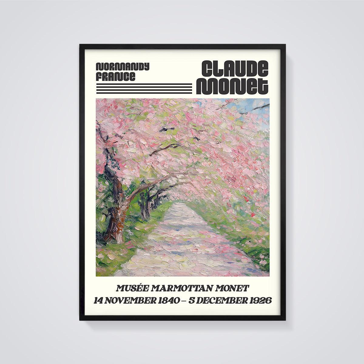 Claude Monet Blossom Path Print framed in black on a grey background