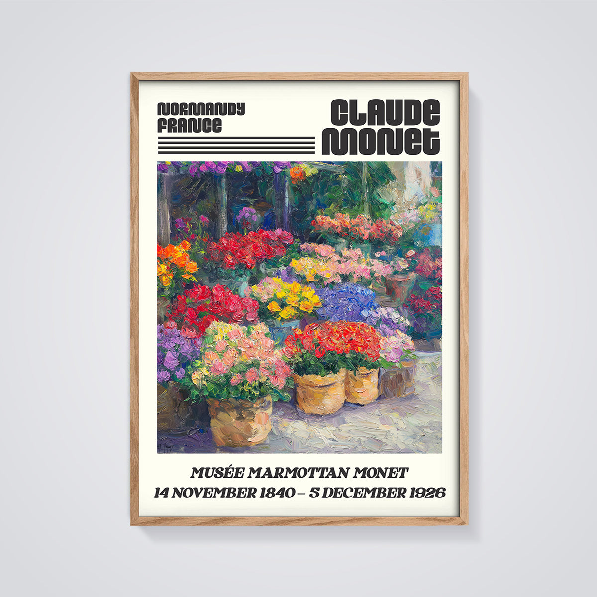Claude Monet Floral Pots Print framed in oak on a grey background