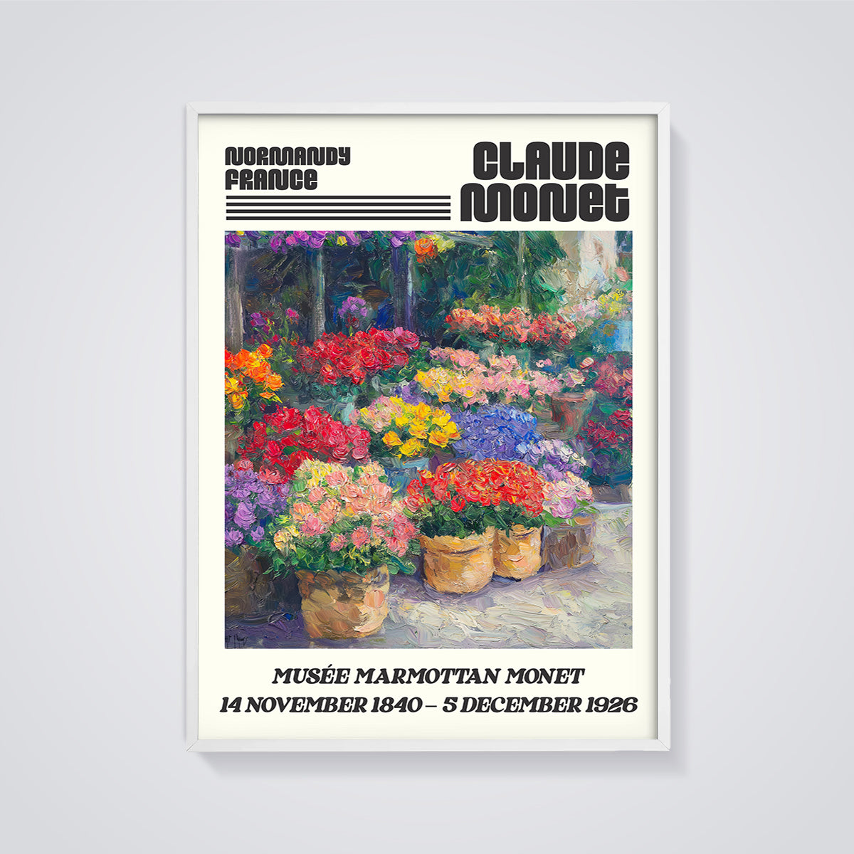 Claude Monet Floral Pots Print framed in white on a grey background