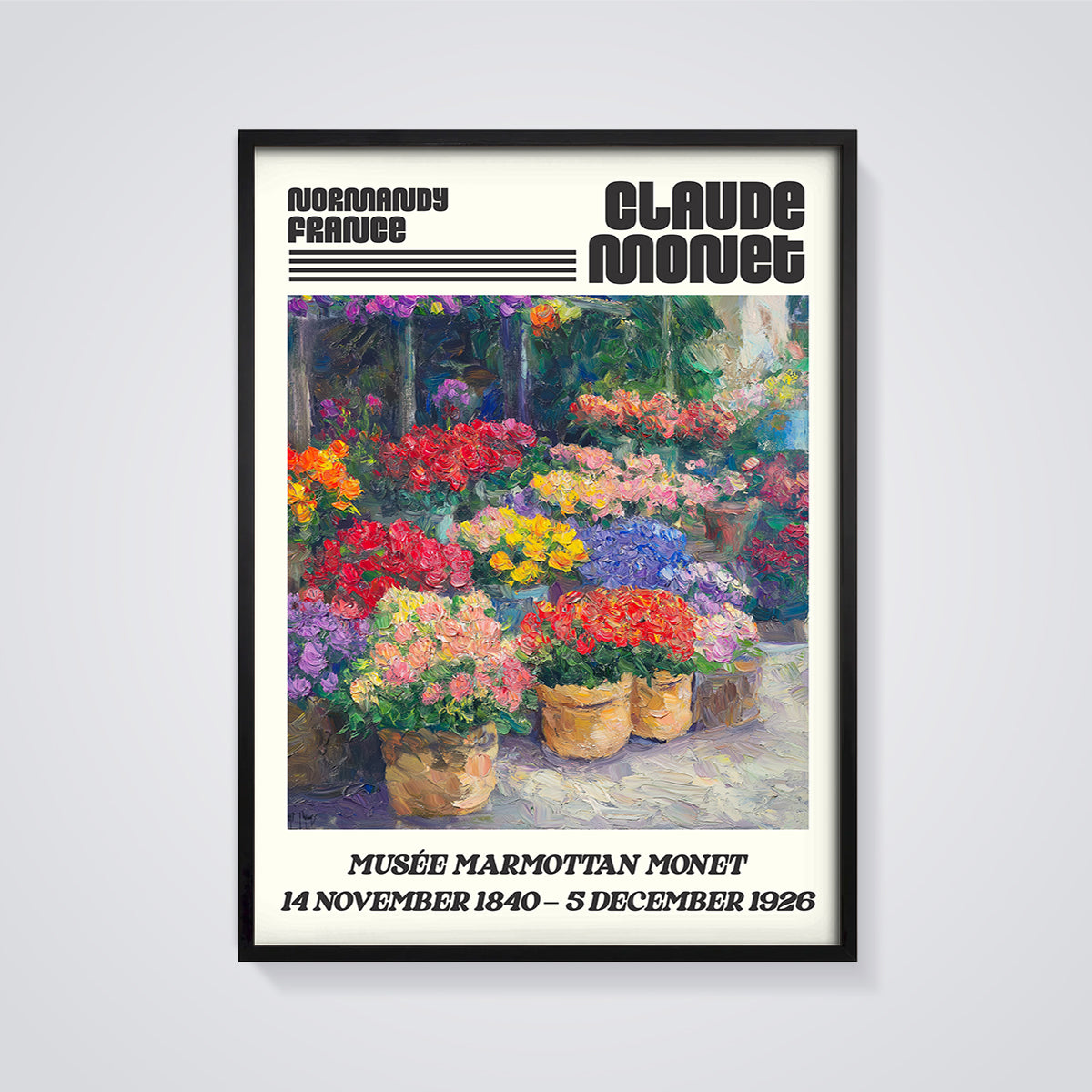 Claude Monet Floral Pots Print framed in black on a grey background