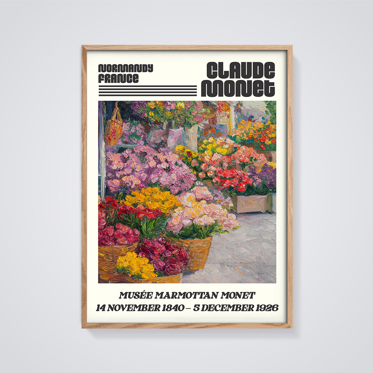Claude Monet Flower Market Print framed in oak on a grey background