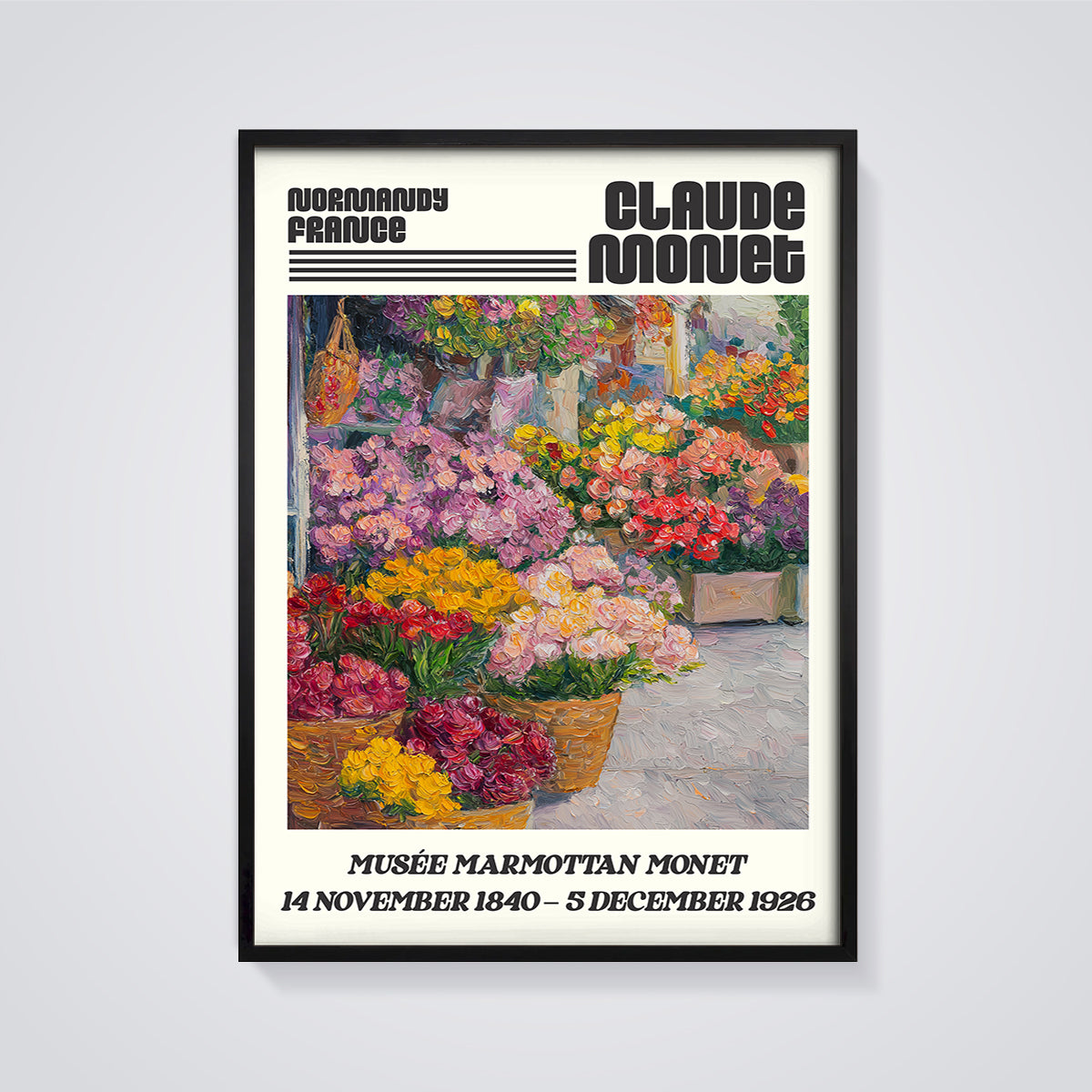 Claude Monet Flower Market Print framed in black on a grey background