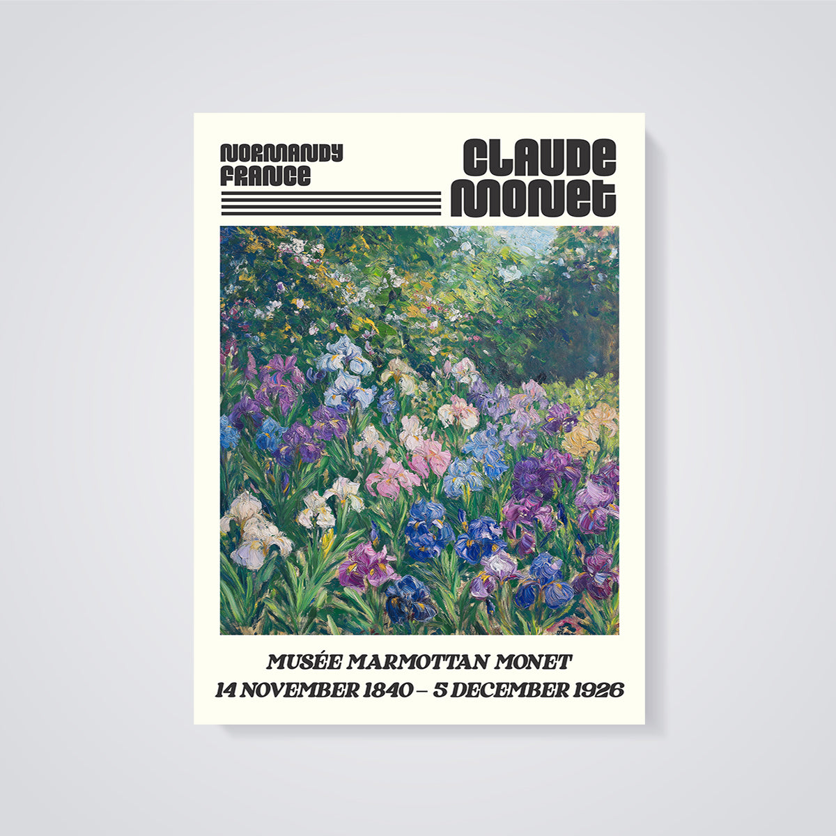 Claude Monet Irises Garden Print unframed on a grey background
