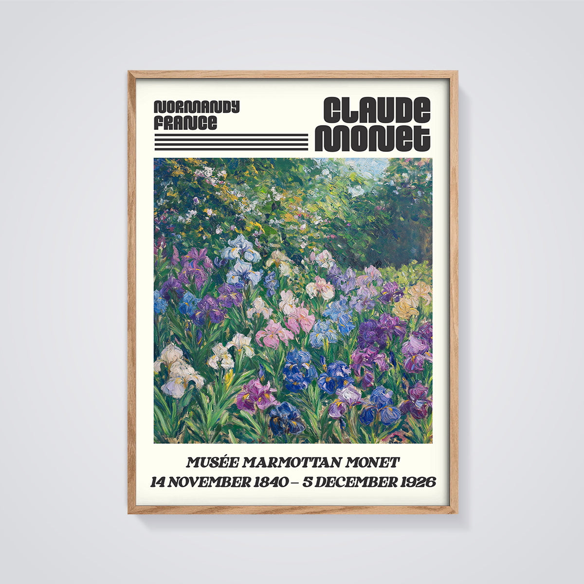Claude Monet Irises Garden Print framed in oak on a grey background