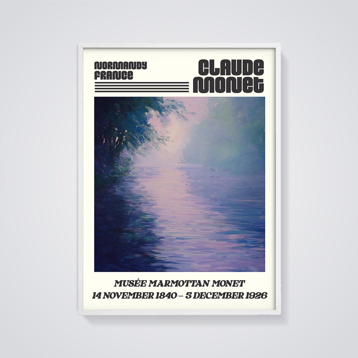 Claude Monet Misty Water Print framed in white on a grey background