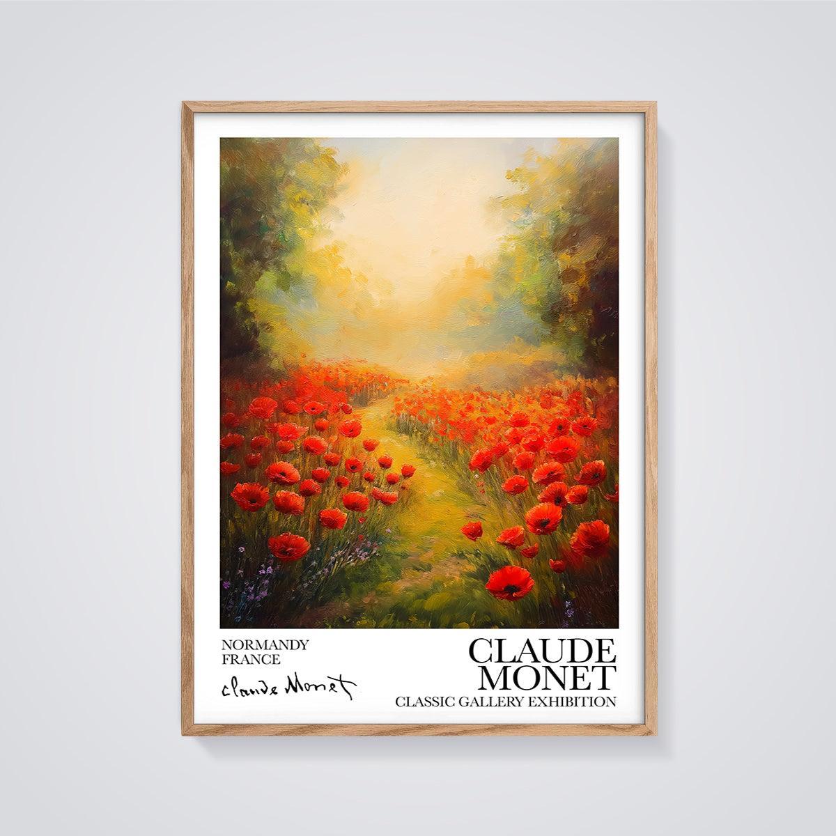 Claude Monet Normandy Poppy Field Print framed in oak on a grey background