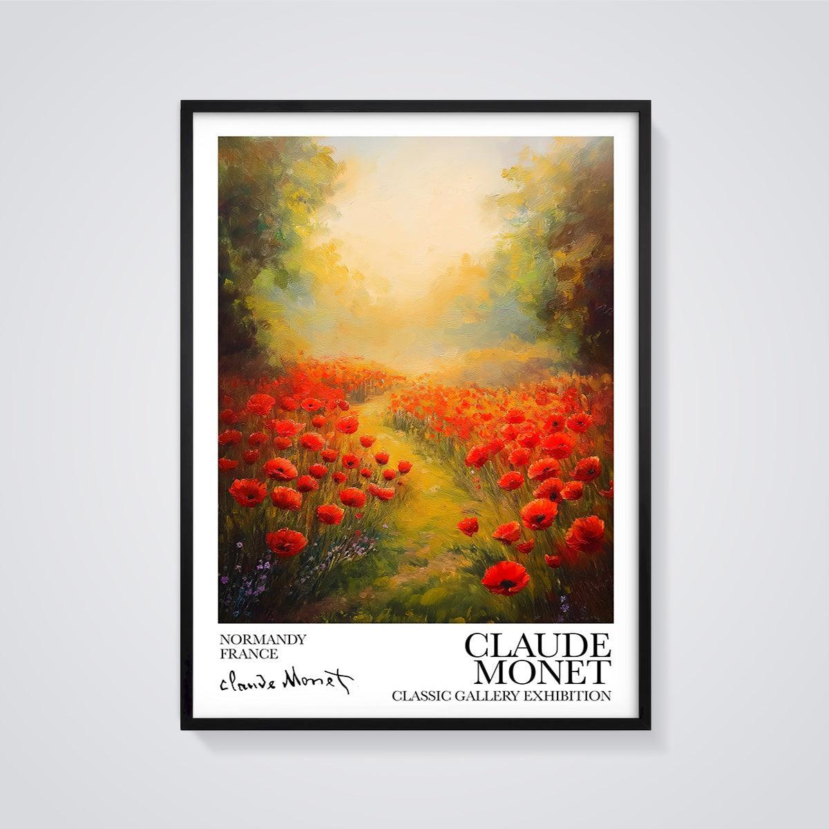 Claude Monet Normandy Poppy Field Print framed in black on a grey background