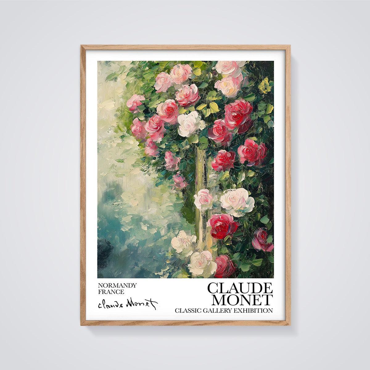 Claude Monet Normandy Roses Print framed in oak on a grey background