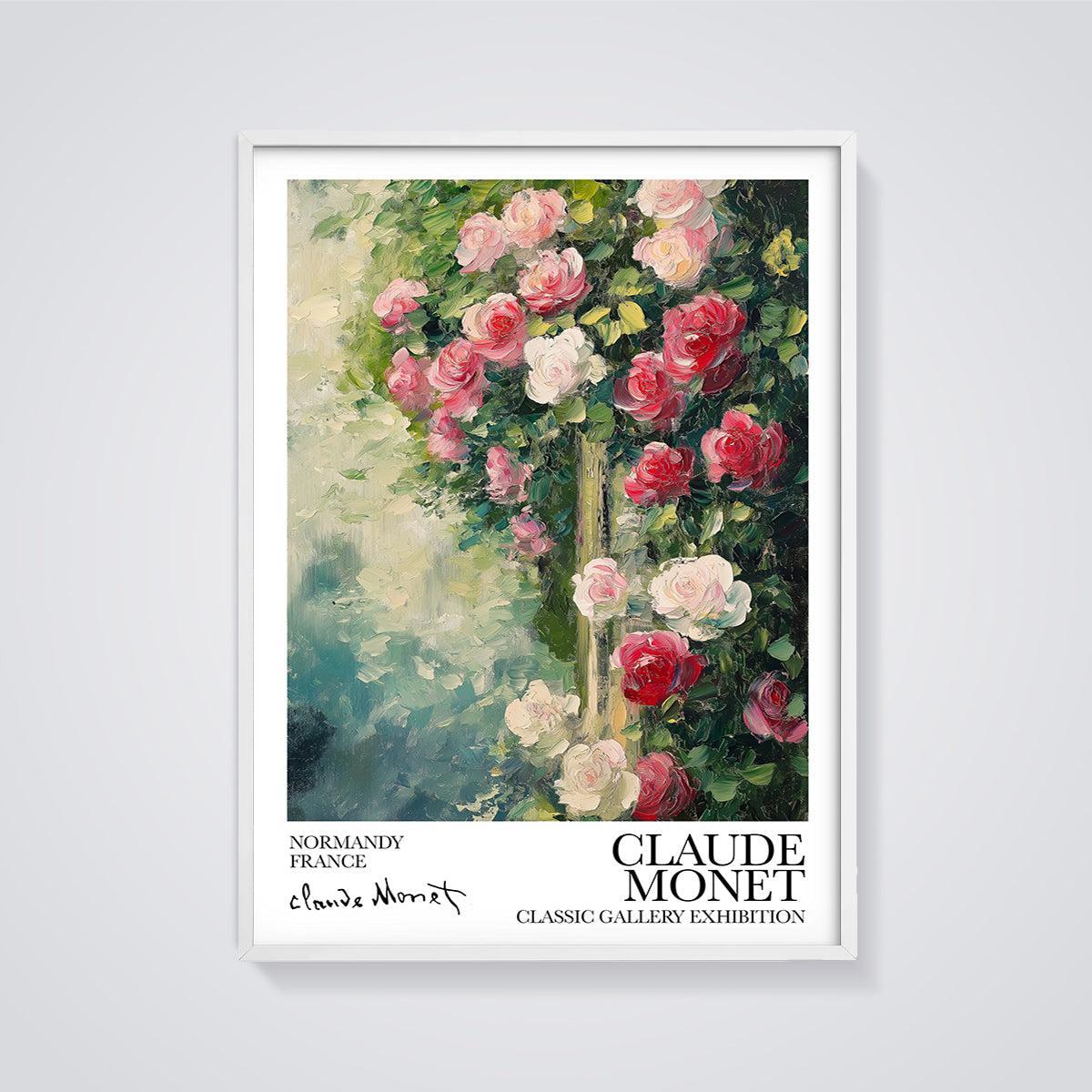 Claude Monet Normandy Roses Print framed in white on a grey background