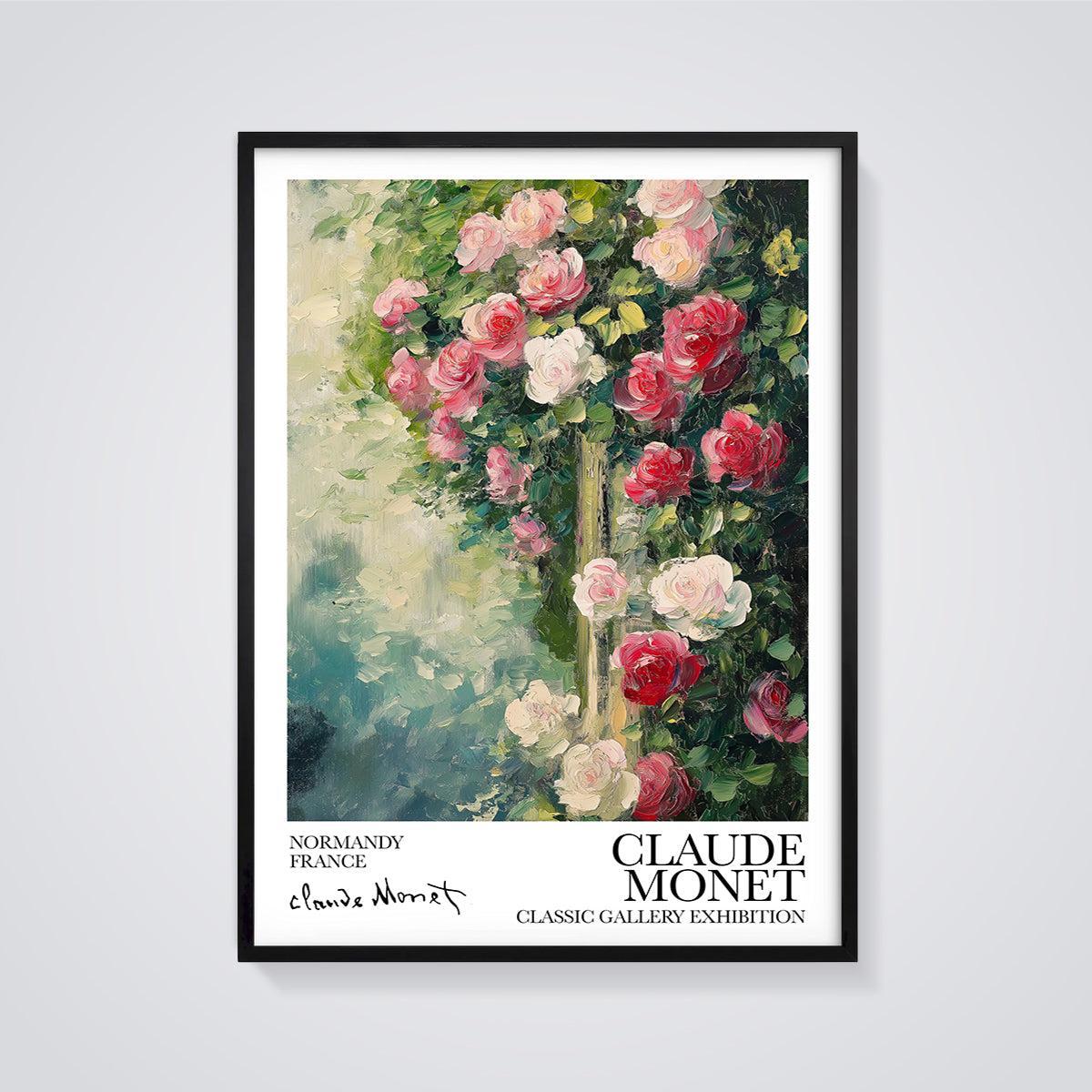 Claude Monet Normandy Roses Print framed in black on a grey background