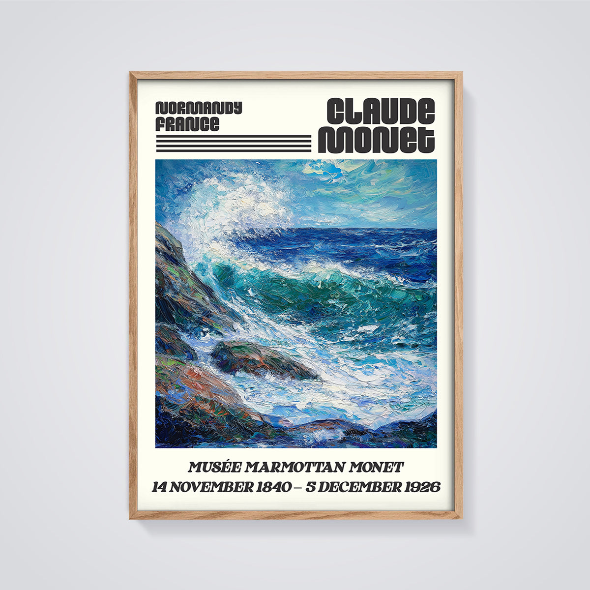 Claude Monet Normandy Sea Print framed in oak on a grey background