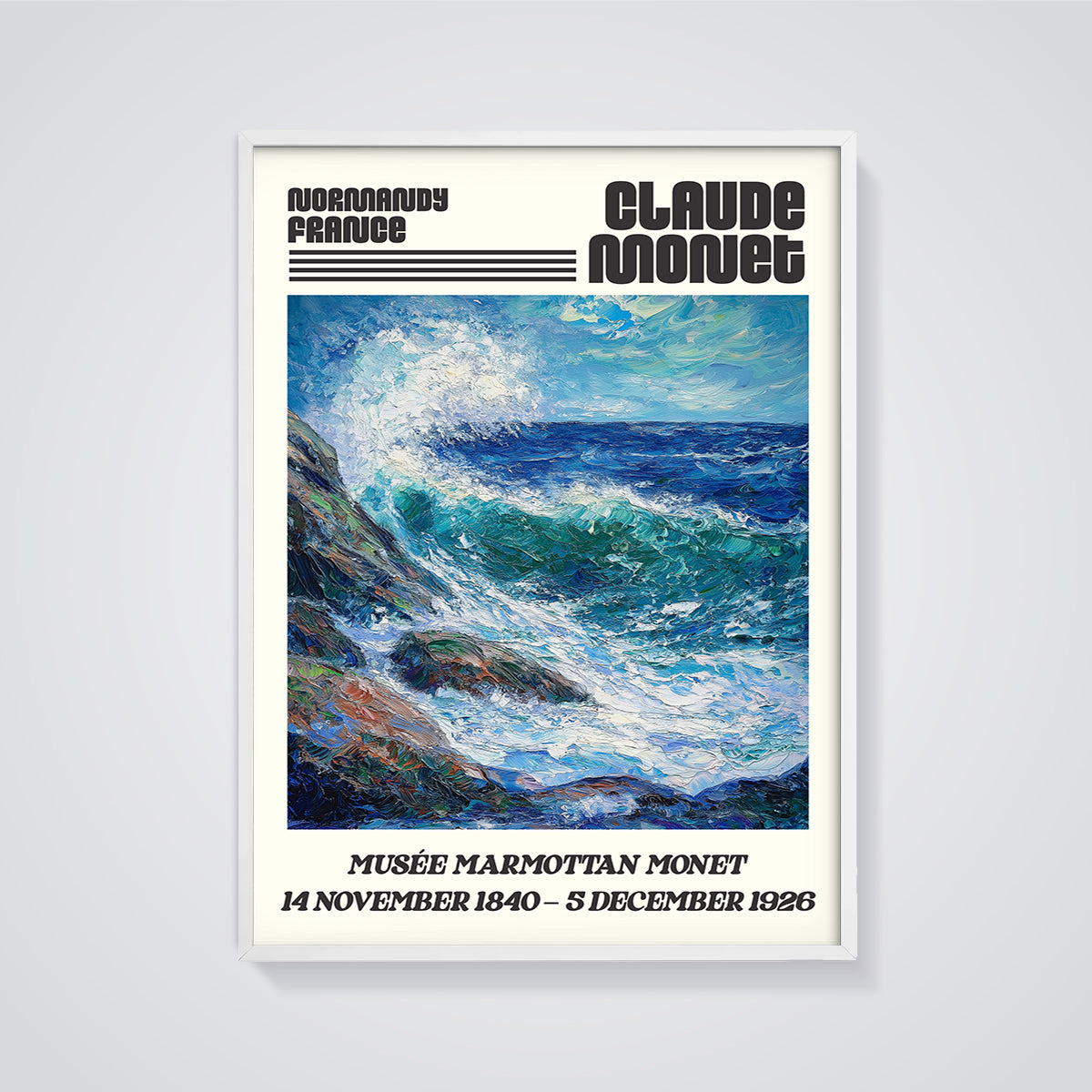 Claude Monet Normandy Sea Print framed in white on a grey background