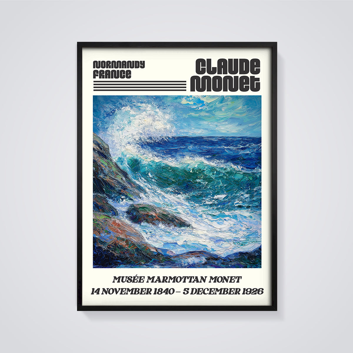 Claude Monet Normandy Sea Print framed in black on a grey background