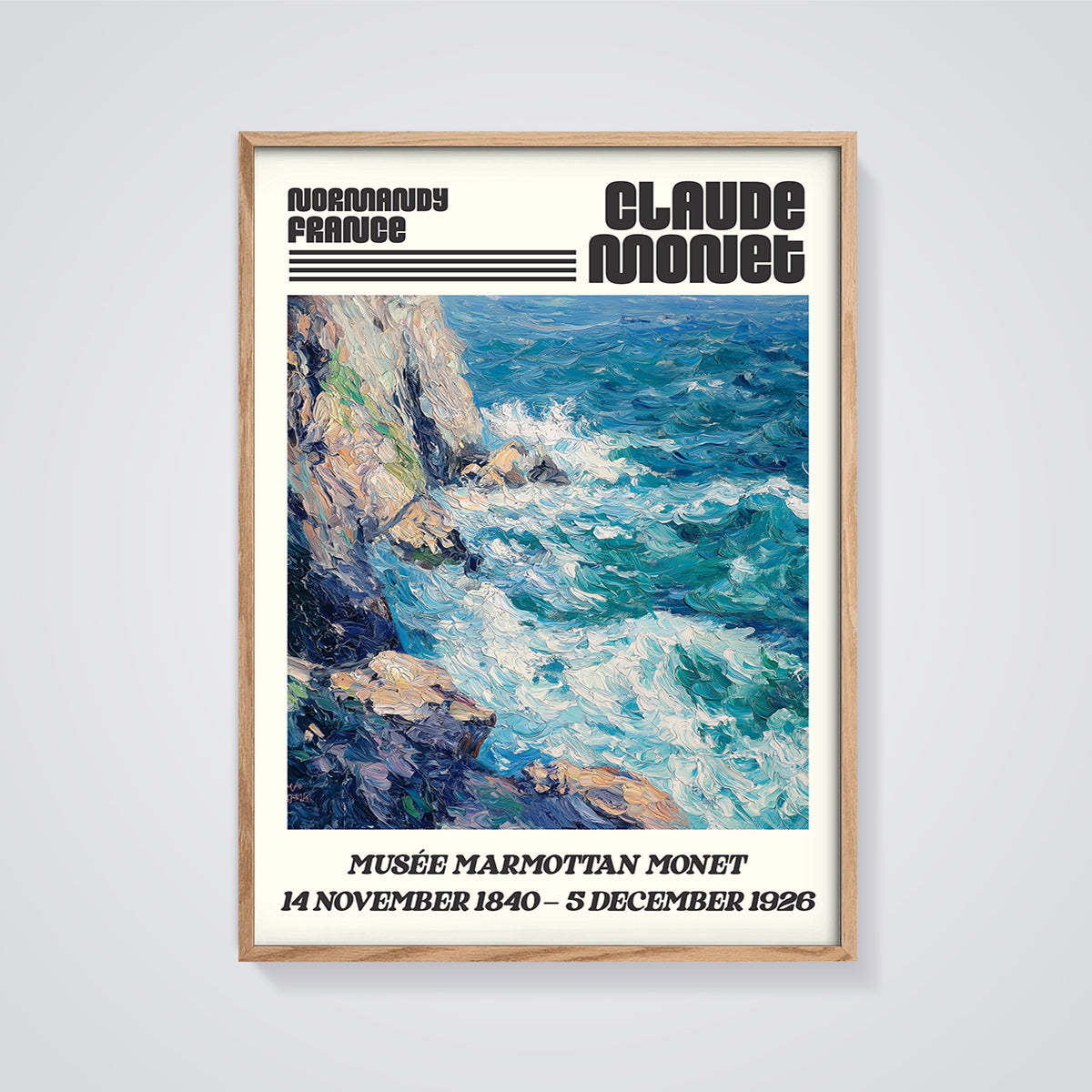 Claude Monet Normandy Waves Print framed in oak on a grey background