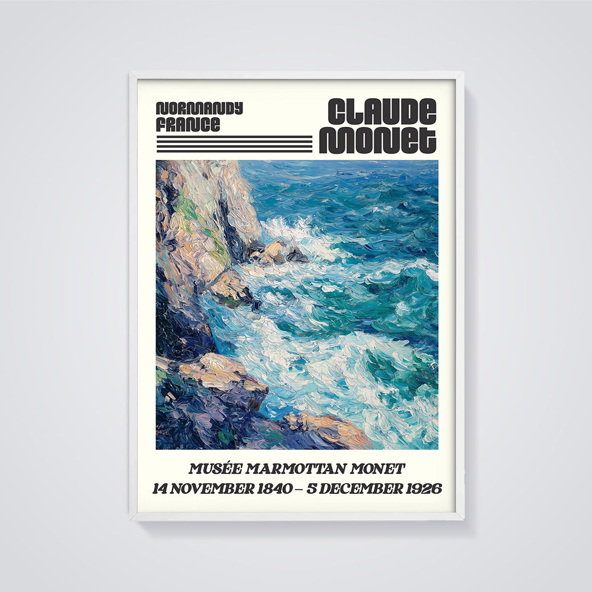 Claude Monet Normandy Waves Print framed in white on a grey background