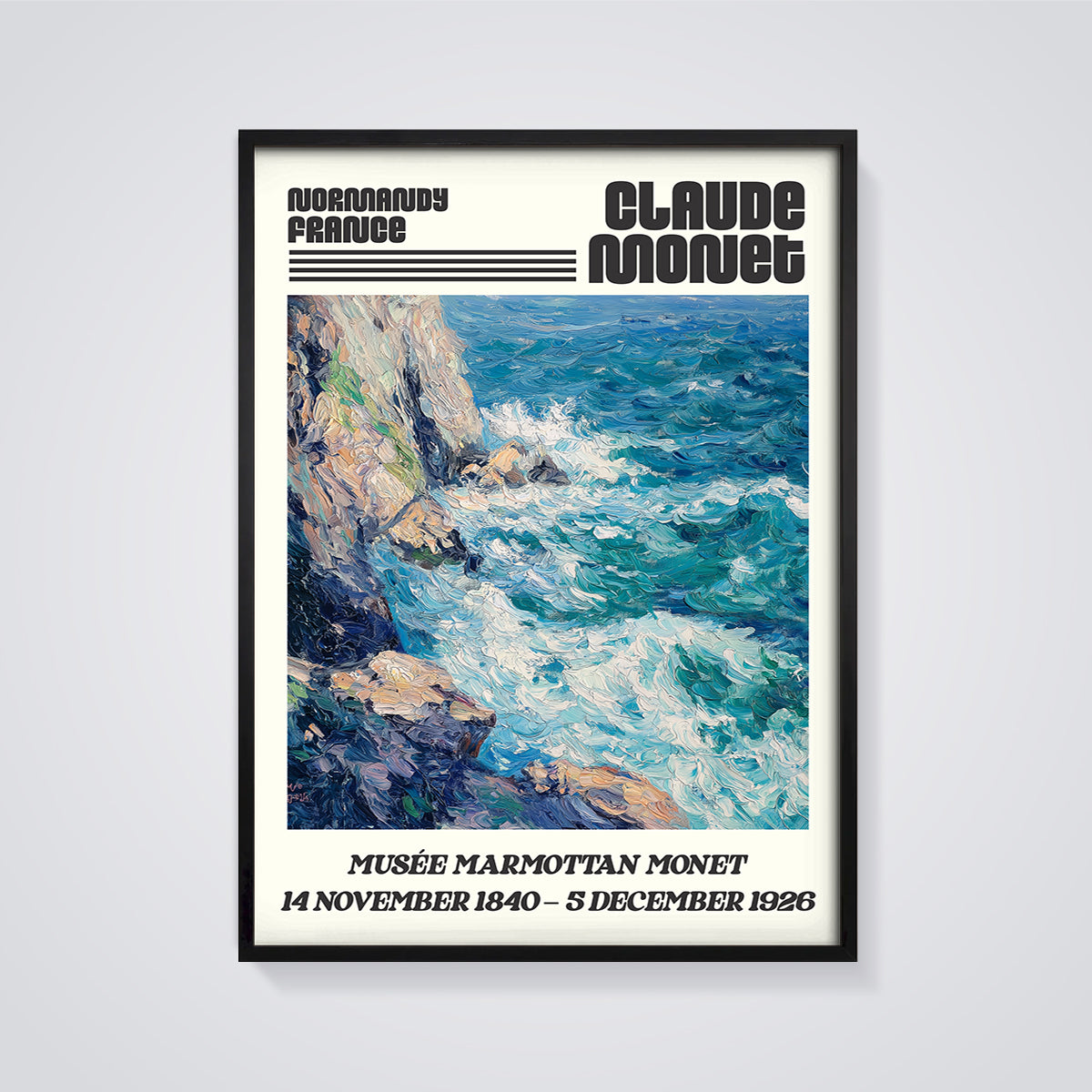 Claude Monet Normandy Waves Print framed in black on a grey background