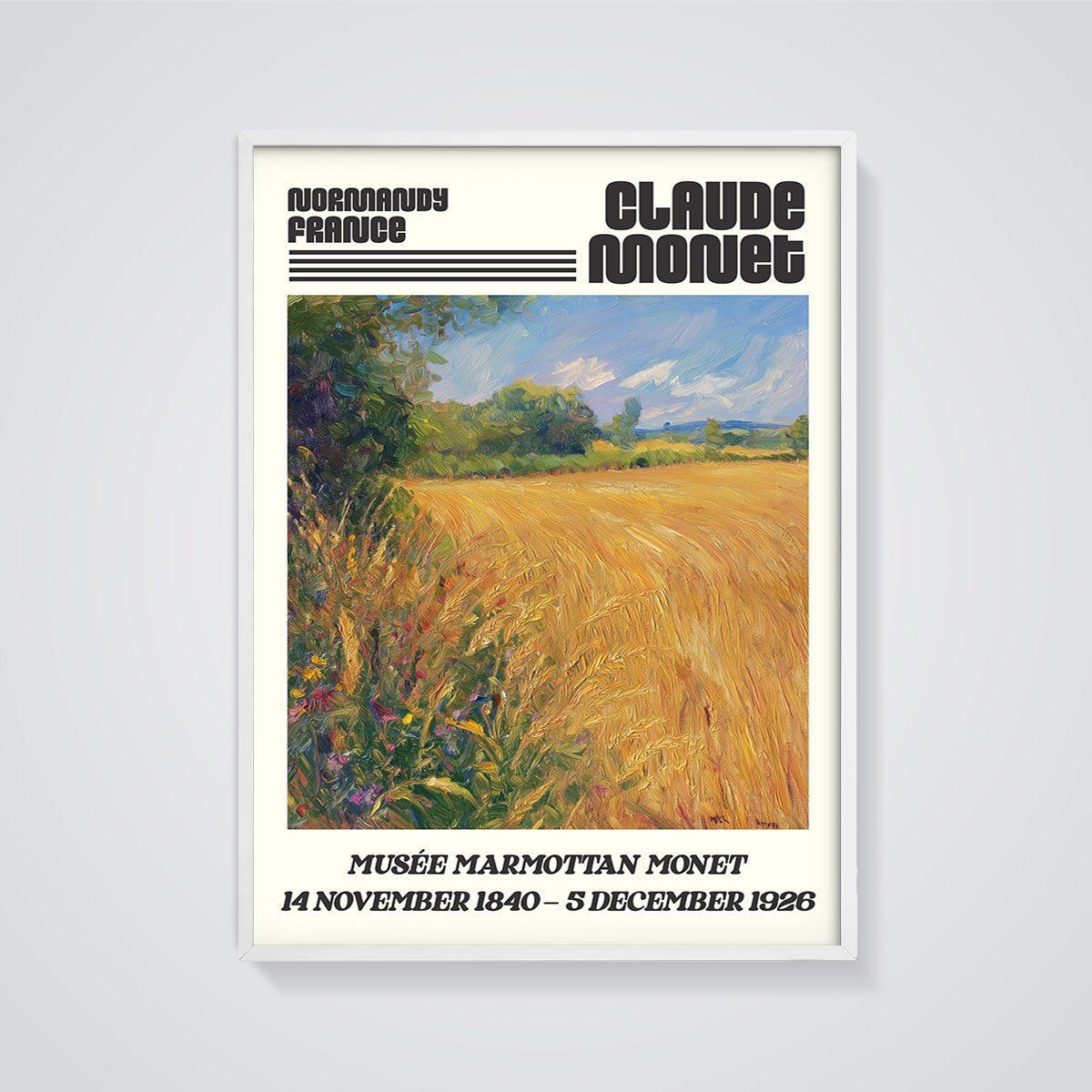 Claude Monet Normandy Wheat Field Print framed in white on a grey background