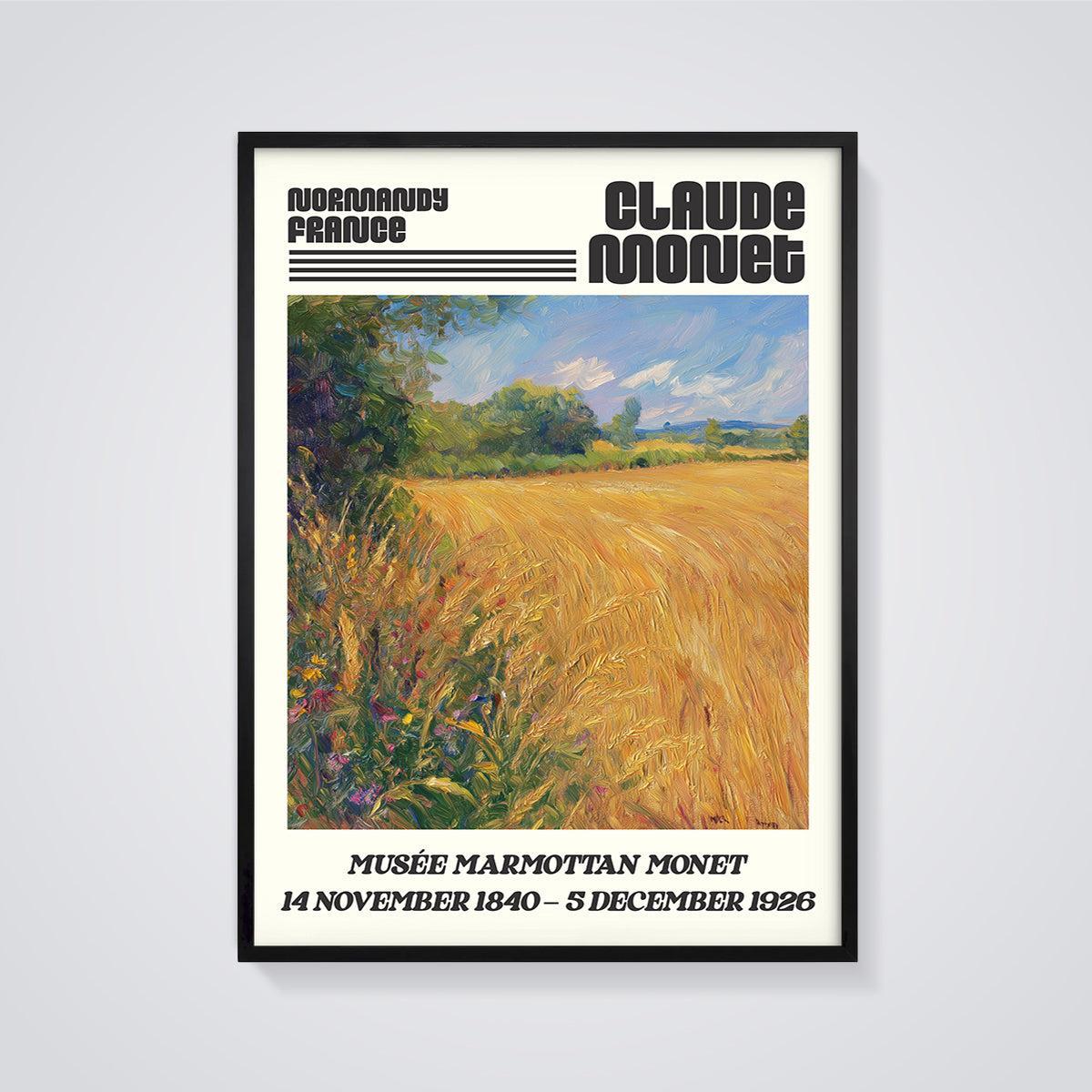 Claude Monet Normandy Wheat Field Print framed in black on a grey background