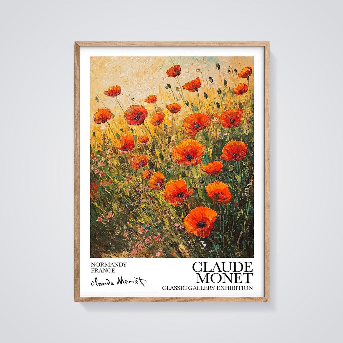 Claude Monet Poppy Field Print framed in oak on a grey background