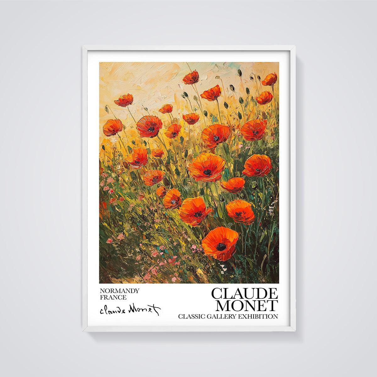 Claude Monet Poppy Field Print framed in white on a grey background