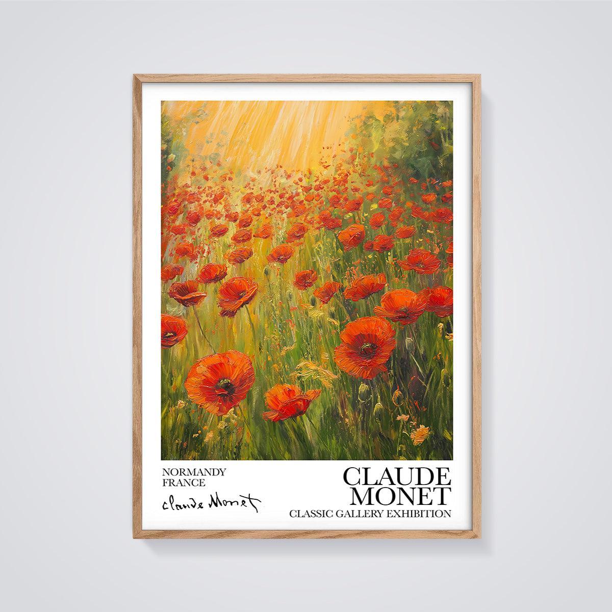 Claude Monet Poppy Field Print Aesthetic framed in oak on a grey background