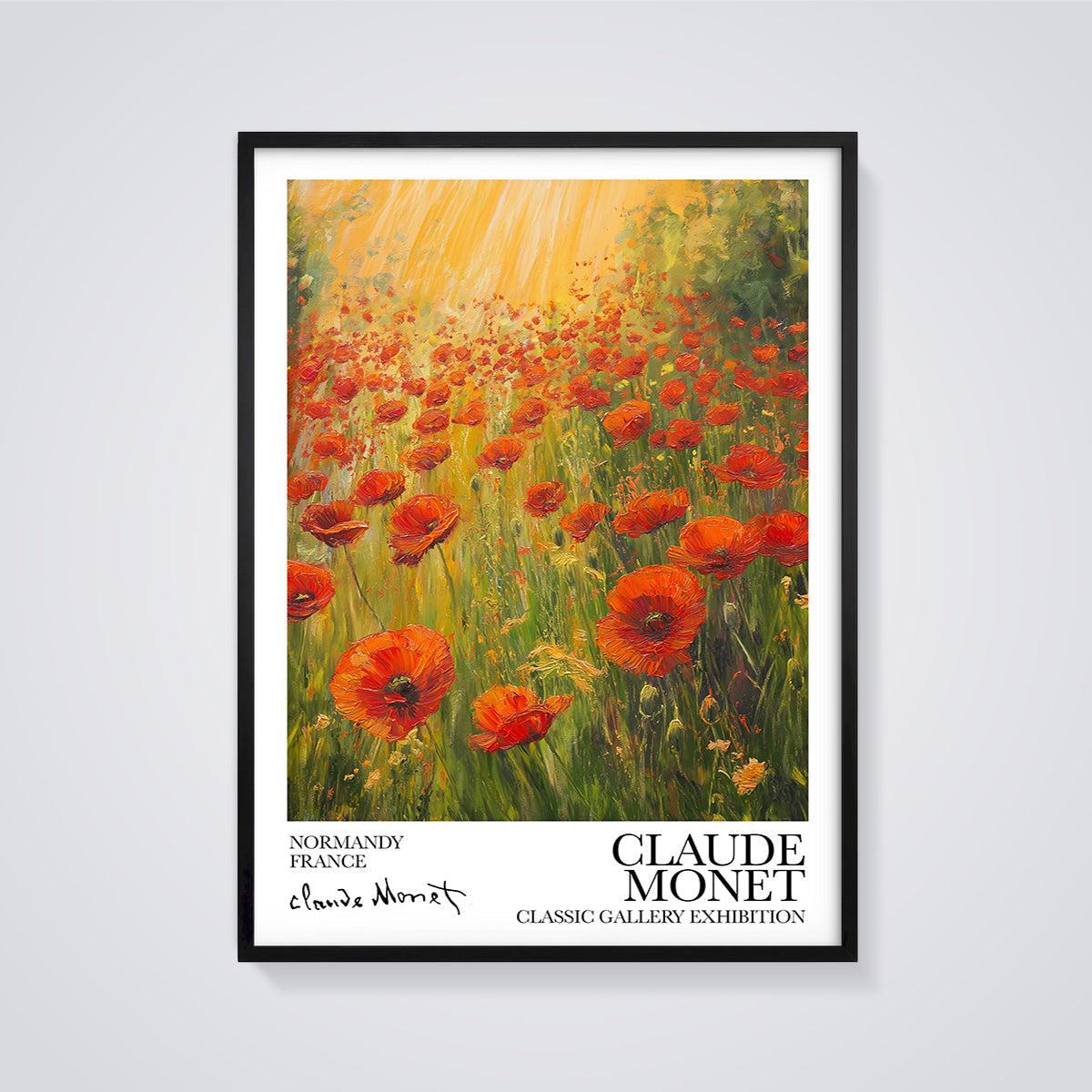 Claude Monet Poppy Field Print Aesthetic framed in black on a grey background