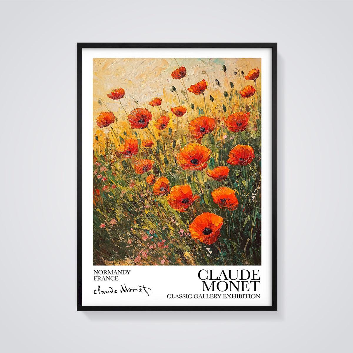 Claude Monet Poppy Field Print framed in black on a grey background