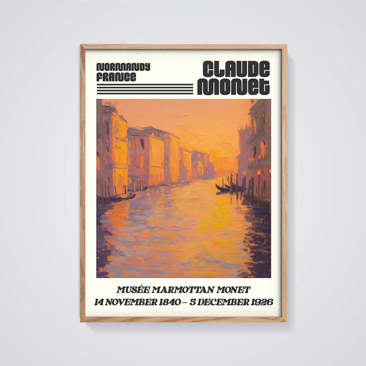 Claude Monet Venice Sunset Print framed in oak on a grey background