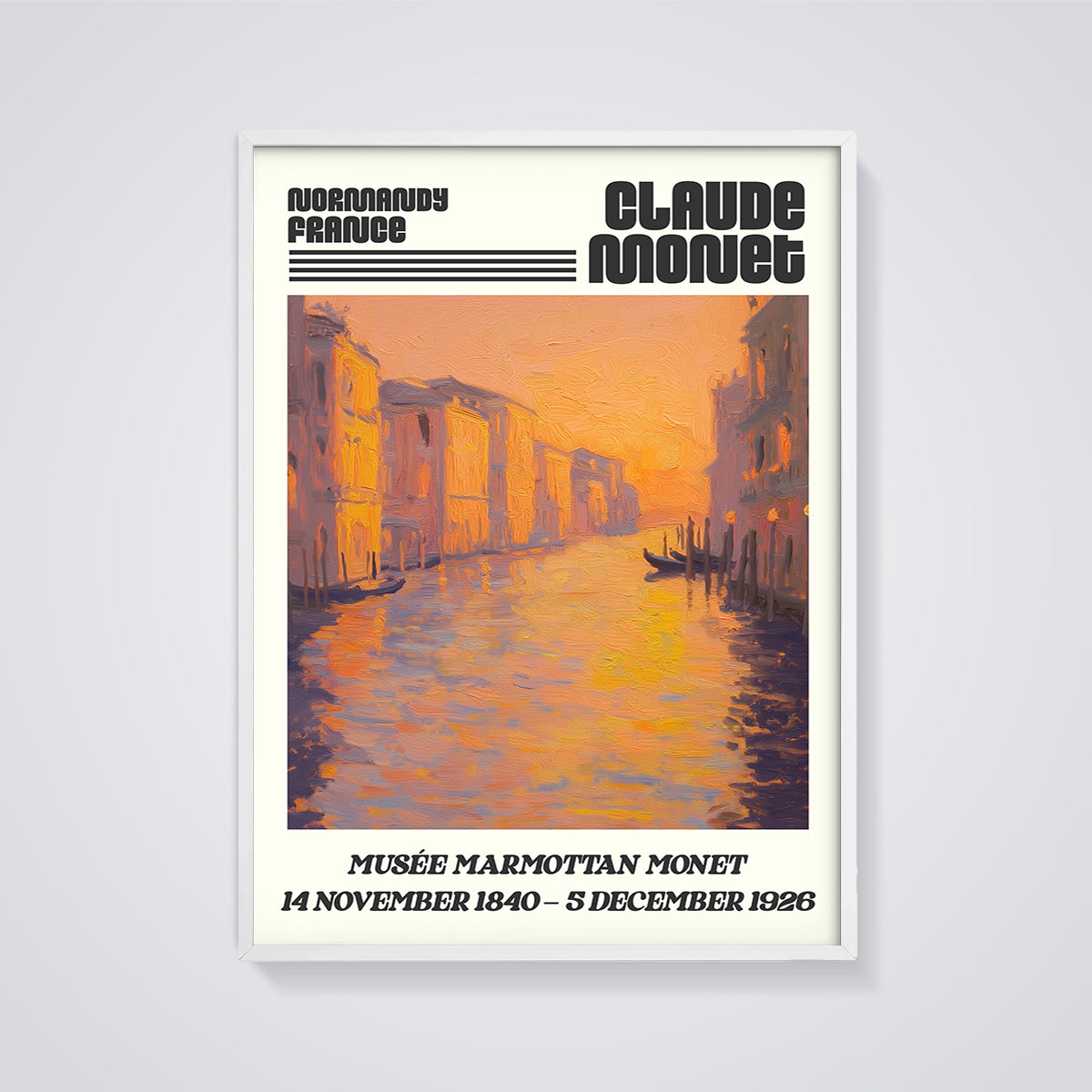 Claude Monet Venice Sunset Print framed in white on a grey background