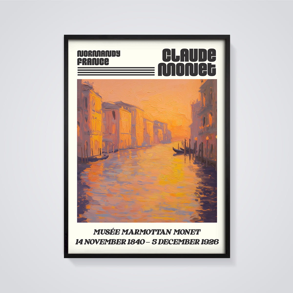 Claude Monet Venice Sunset Print framed in black on a grey background