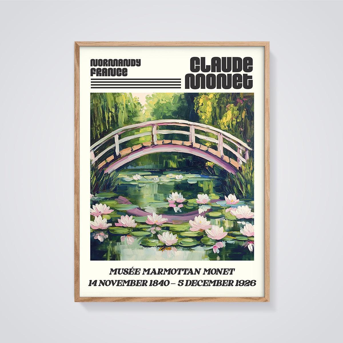 Claude Monet Water Lilies Bridge Print framed in oak on a grey background