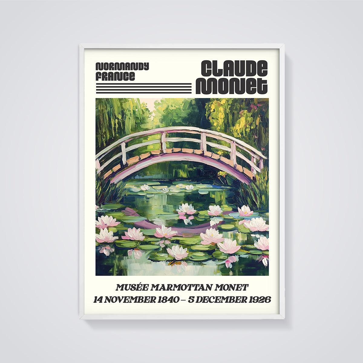Claude Monet Water Lilies Bridge Print framed in white on a grey background
