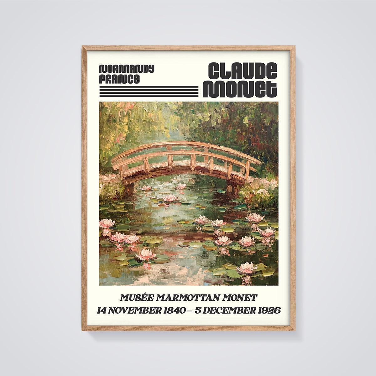 Claude Monet Water Lilies Bridge Print Aesthetic framed in oak on a grey background