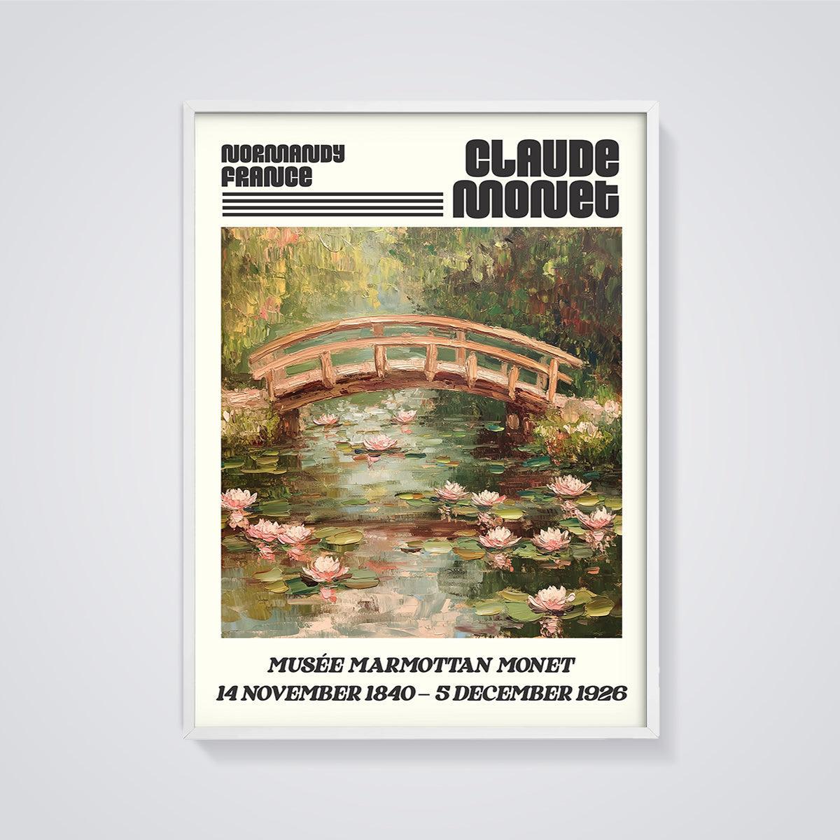 Claude Monet Water Lilies Bridge Print Aesthetic framed in white on a grey background