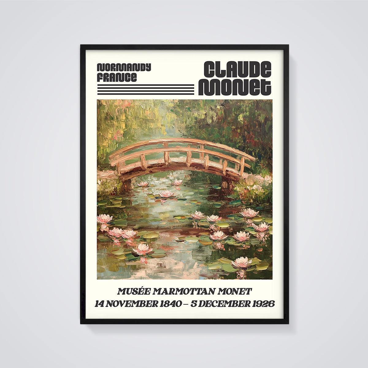 Claude Monet Water Lilies Bridge Print Aesthetic framed in black on a grey background