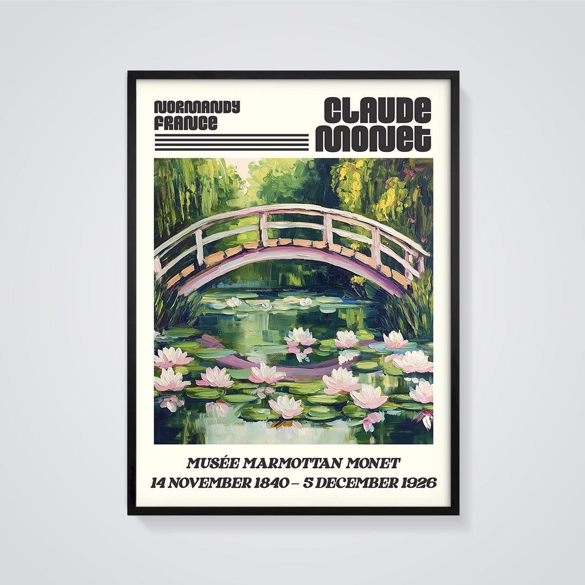Claude Monet Water Lilies Bridge Print framed in black on a grey background