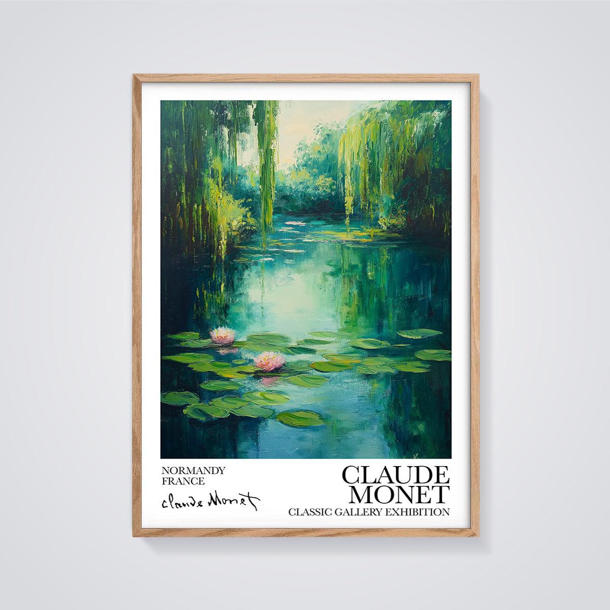 Claude Monet Water Lilies Pond Print framed in oak on a grey background