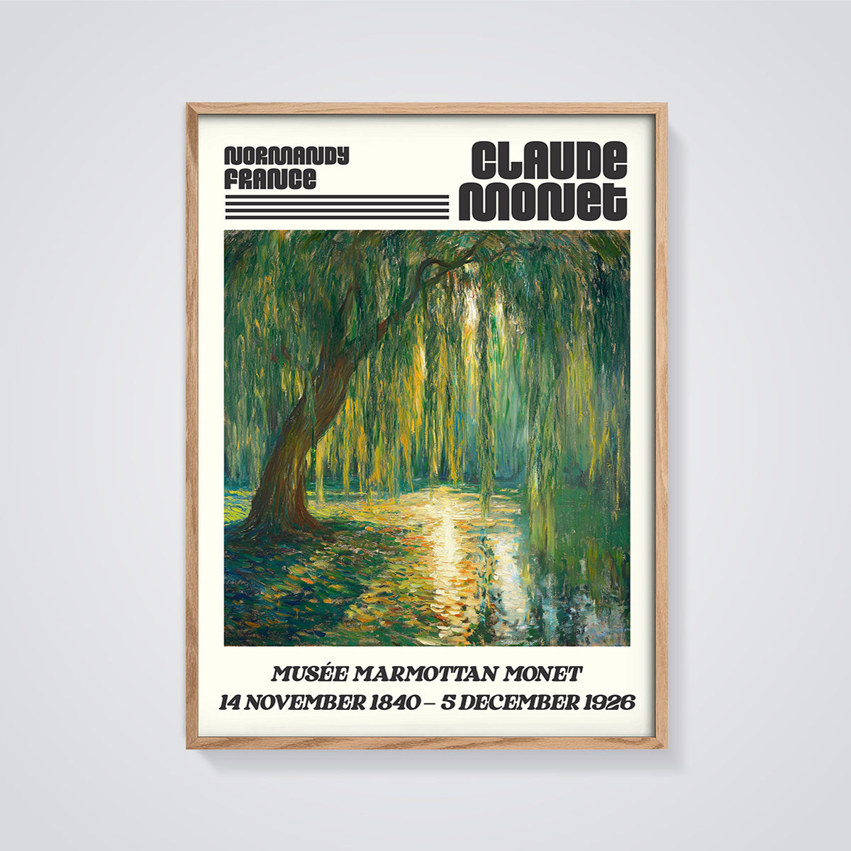 Claude Monet Weeping Willow Print framed in oak on a grey background