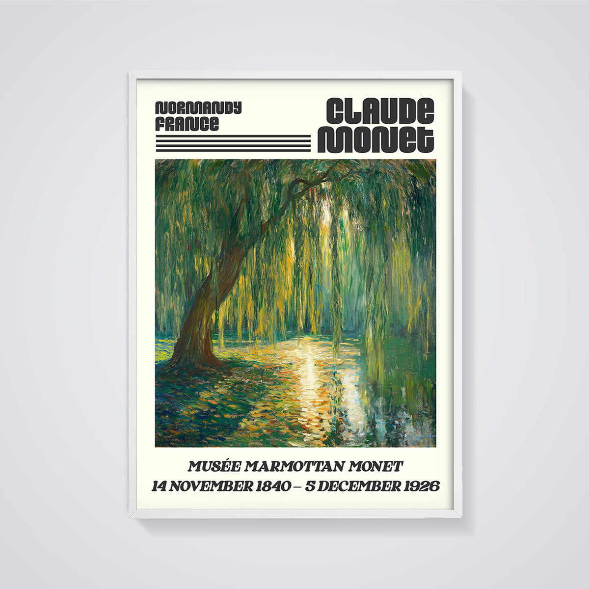 Claude Monet Weeping Willow Print framed in white on a grey background