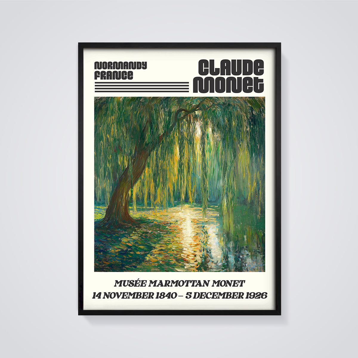 Claude Monet Weeping Willow Print framed in black on a grey background