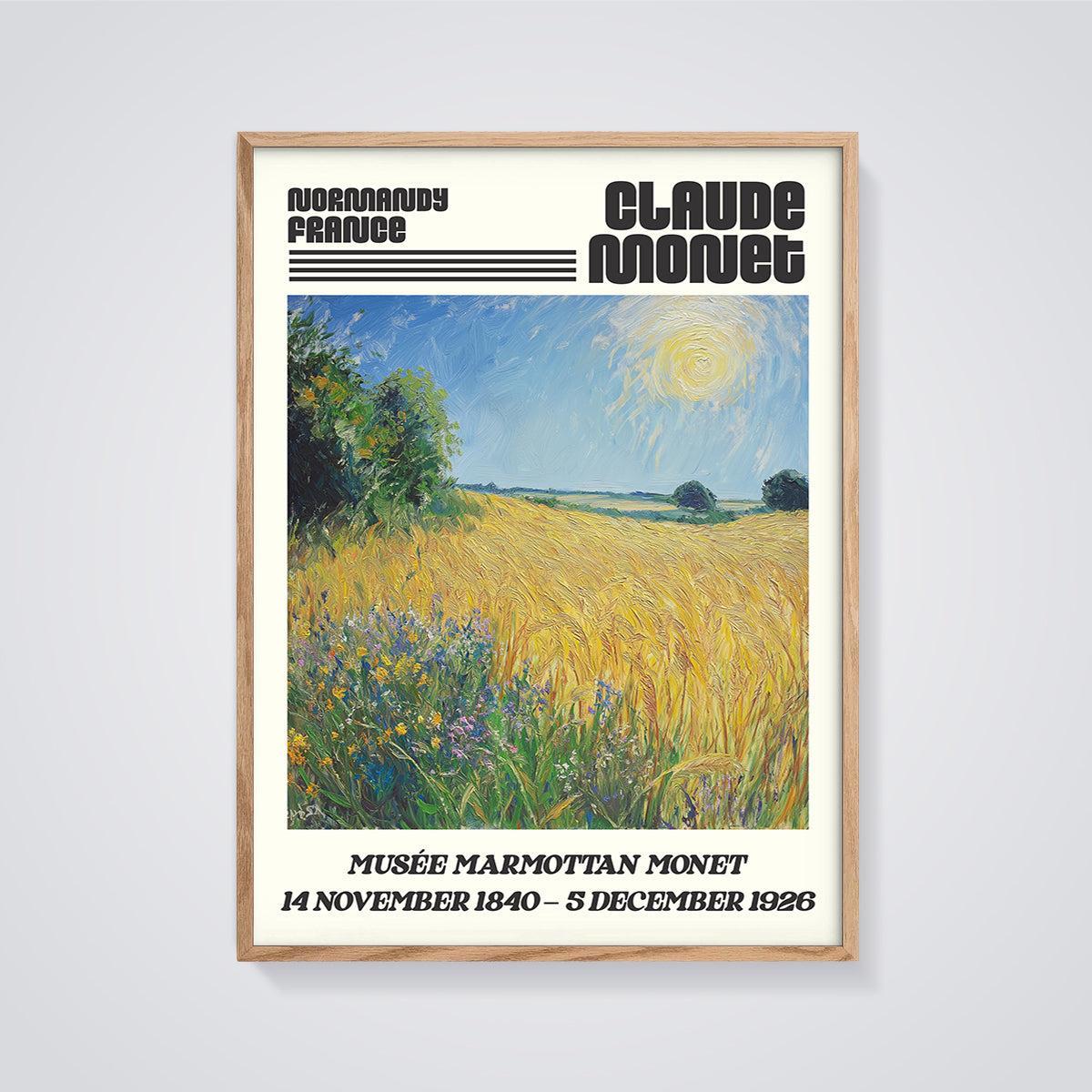 Claude Monet Wheat Field Print framed in oak on a grey background