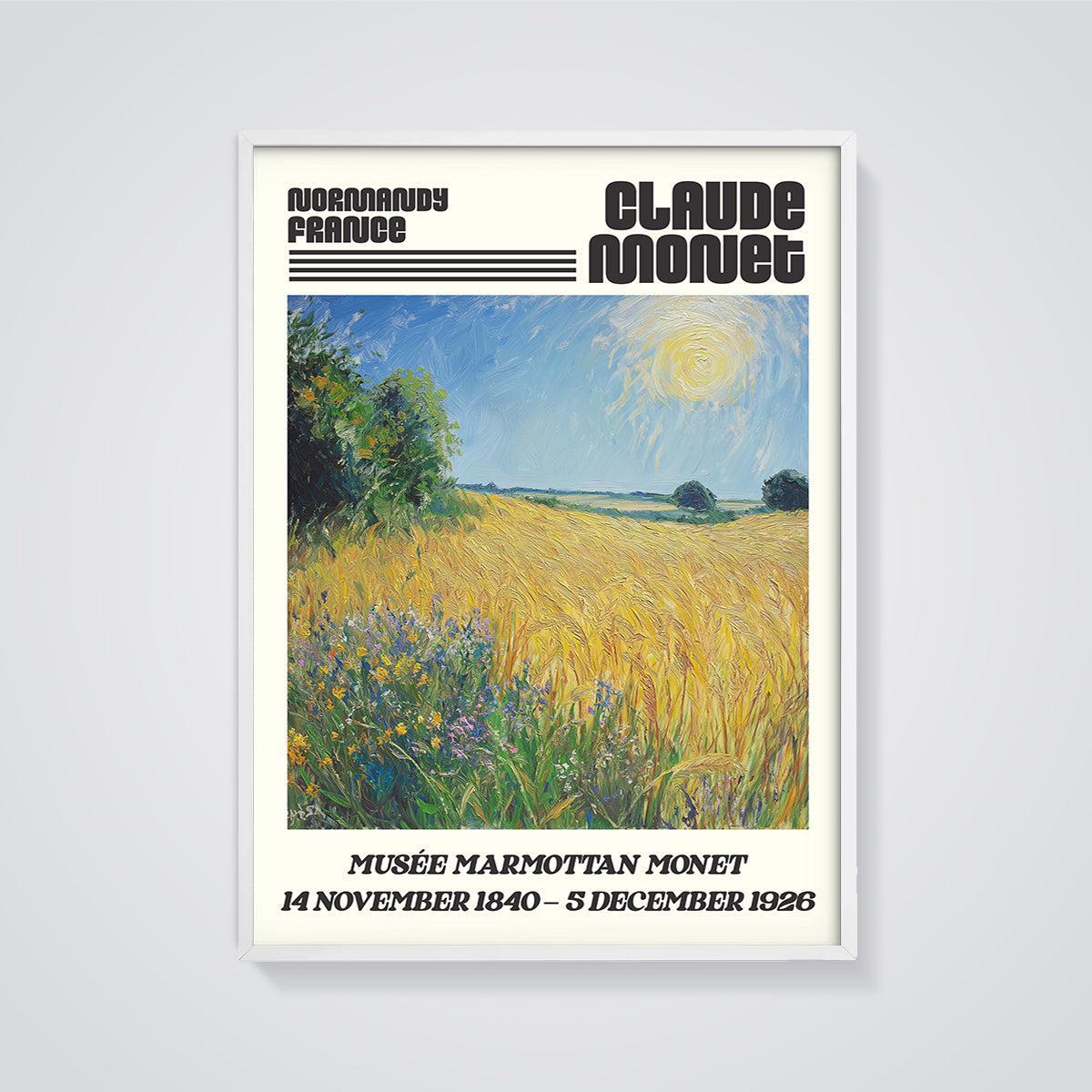 Claude Monet Wheat Field Print framed in white on a grey background