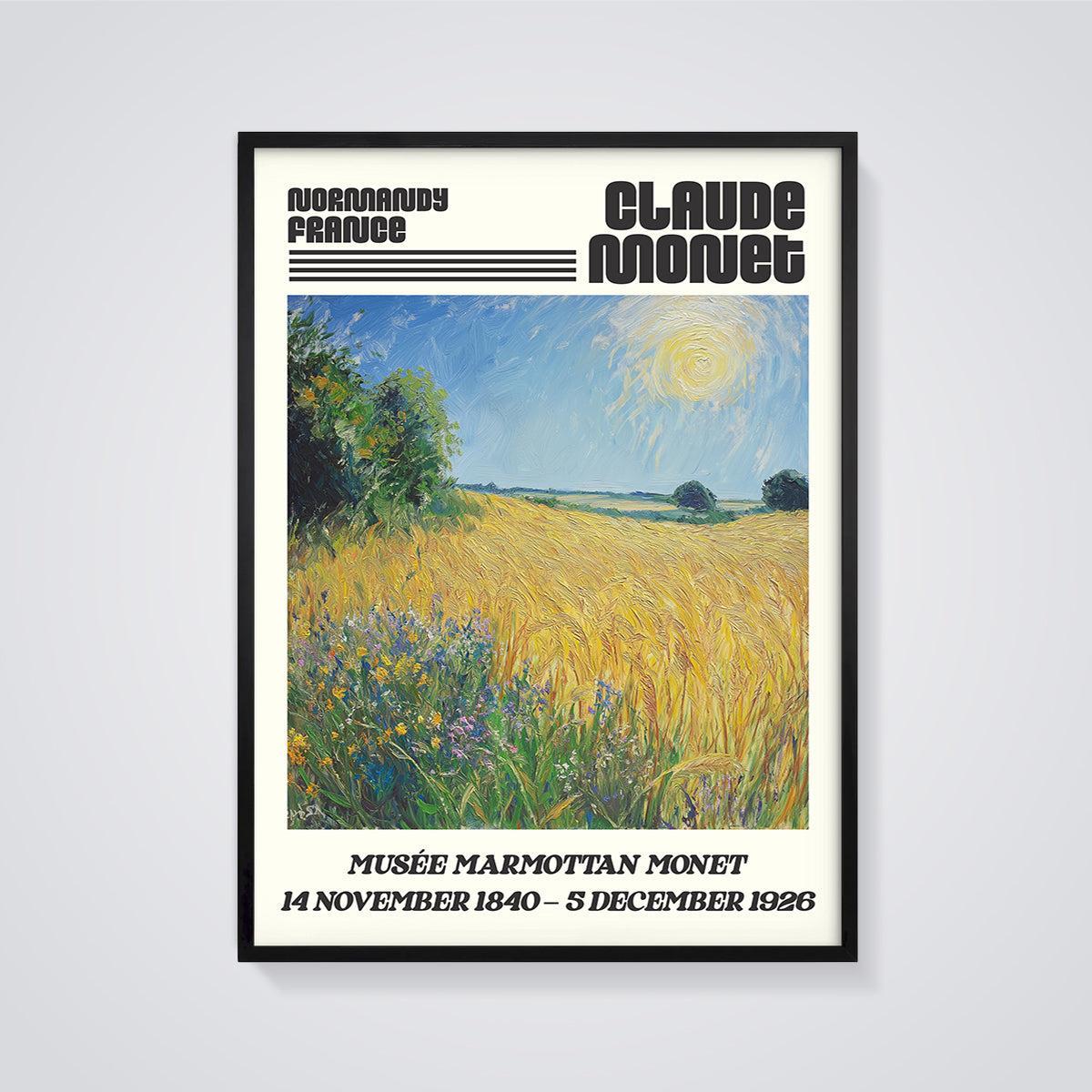 Claude Monet Wheat Field Print framed in black on a grey background