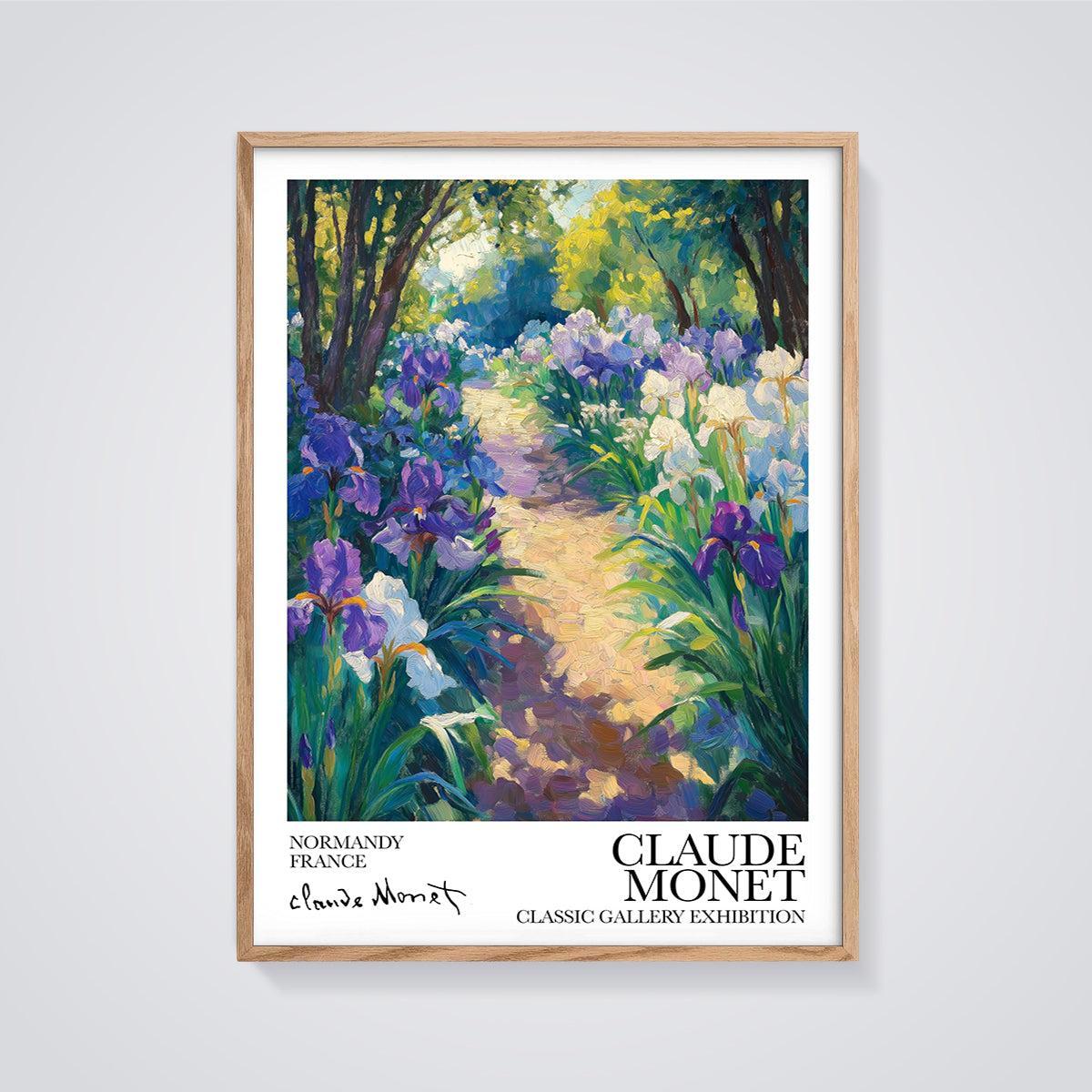 Claude Monet's Irises Garden Path Print framed in oak on a grey background