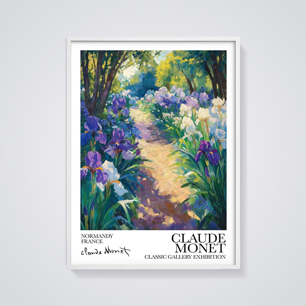 Claude Monet's Irises Garden Path Print framed in white on a grey background