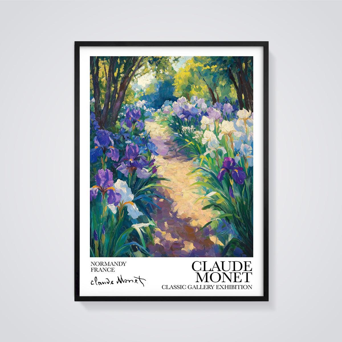 Claude Monet's Irises Garden Path Print framed in black on a grey background